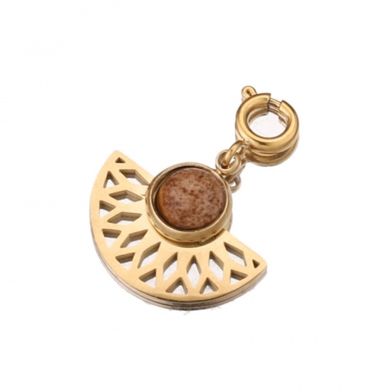 Imagen de 304 Acero Inoxidable & Gema Clip en Charms Para Vintage Charm Pulseras En forma de abanico Chapado en Oro de 18K Marrón 18mm x 16mm, 1 Unidad