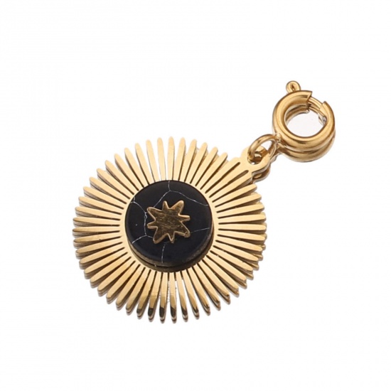 Imagen de 304 Acero Inoxidable & Gema Clip en Charms Para Vintage Charm Pulseras Ronda Chapado en Oro de 18K Negro 18mm x 16mm, 1 Unidad