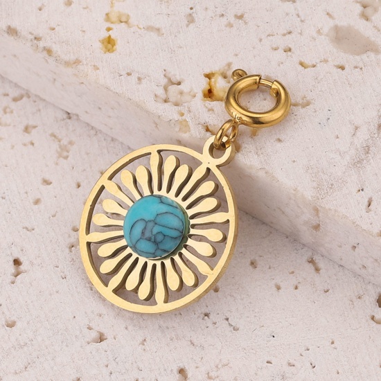 Imagen de 304 Acero Inoxidable & Gema Clip en Charms Para Vintage Charm Pulseras Ronda Chapado en Oro de 18K Lago Azul Sol 18mm x 16mm, 1 Unidad