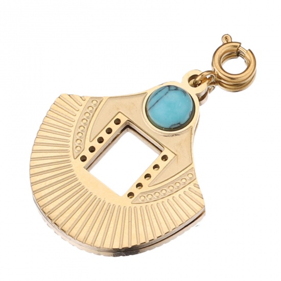 Imagen de 304 Acero Inoxidable & Gema Clip en Charms Para Vintage Charm Pulseras En forma de abanico Chapado en Oro de 18K Lago Azul 18mm x 16mm, 1 Unidad