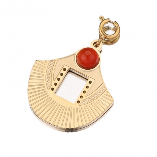 Imagen de 304 Acero Inoxidable & Gema Clip en Charms Para Vintage Charm Pulseras En forma de abanico Chapado en Oro de 18K Rojo 18mm x 16mm, 1 Unidad
