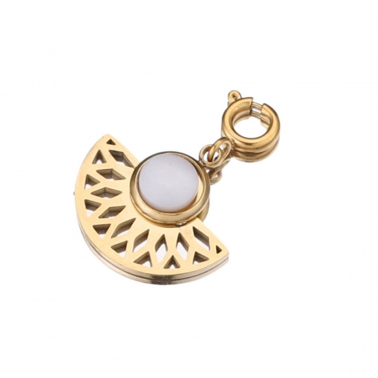 Imagen de 304 Acero Inoxidable & Gema Clip en Charms Para Vintage Charm Pulseras En forma de abanico Chapado en Oro de 18K Blanco 18mm x 16mm, 1 Unidad