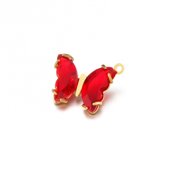 Picture of 304 Stainless Steel Charms 18K Gold Color Butterfly Animal Red Cubic Zirconia 12.5mm x 10mm, 1 Piece