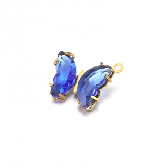 Picture of 304 Stainless Steel Charms 18K Gold Color Butterfly Animal Royal Blue Cubic Zirconia 12.5mm x 10mm, 1 Piece
