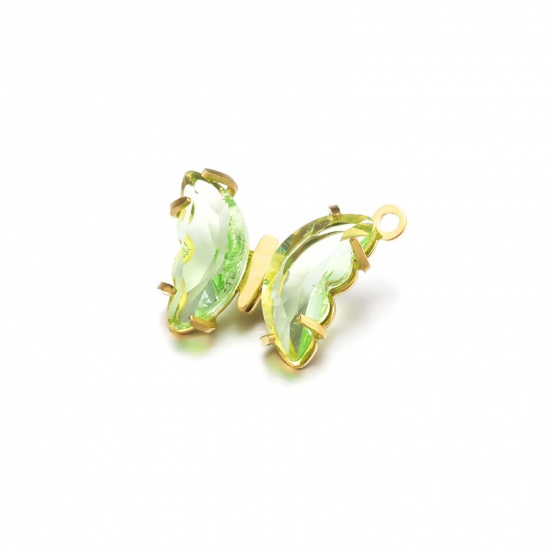 Picture of 304 Stainless Steel Charms 18K Gold Color Butterfly Animal Grass Green Cubic Zirconia 12.5mm x 10mm, 1 Piece