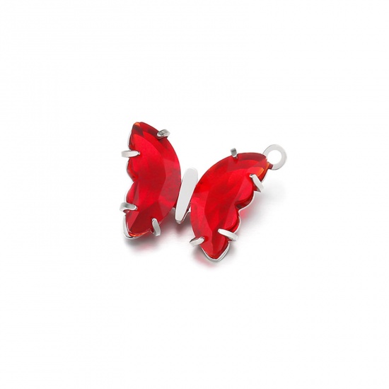 Picture of 304 Stainless Steel Charms Silver Tone Butterfly Animal Red Cubic Zirconia 12.5mm x 10mm, 1 Piece