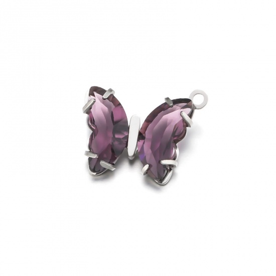 Picture of 304 Stainless Steel Charms Silver Tone Butterfly Animal Purple Cubic Zirconia 12.5mm x 10mm, 1 Piece