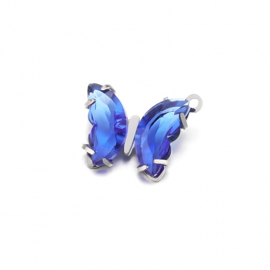 Picture of 304 Stainless Steel Charms Silver Tone Butterfly Animal Royal Blue Cubic Zirconia 12.5mm x 10mm, 1 Piece
