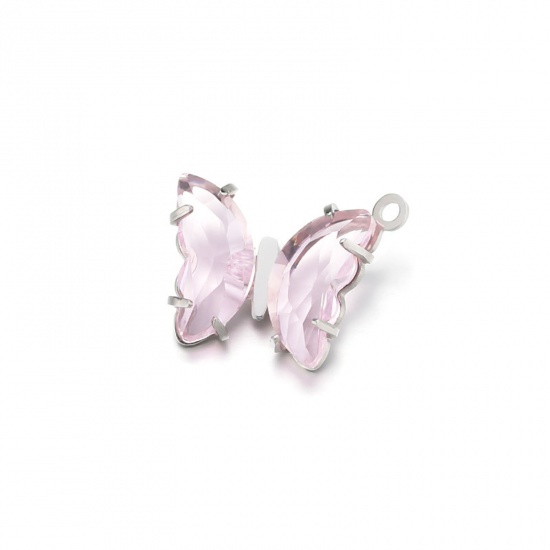 Picture of 304 Stainless Steel Charms Silver Tone Butterfly Animal Light Pink Cubic Zirconia 12.5mm x 10mm, 1 Piece