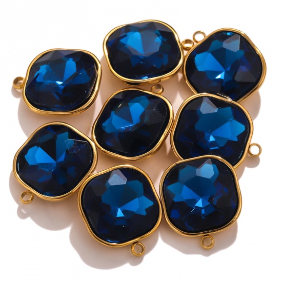 Picture of 304 Stainless Steel Charms 18K Gold Color Square Royal Blue Rhinestone 14mm x 16mm, 2 PCs