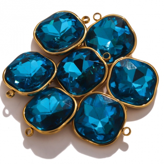 Picture of 304 Stainless Steel Charms 18K Gold Color Square Peacock Blue Rhinestone 14mm x 16mm, 2 PCs
