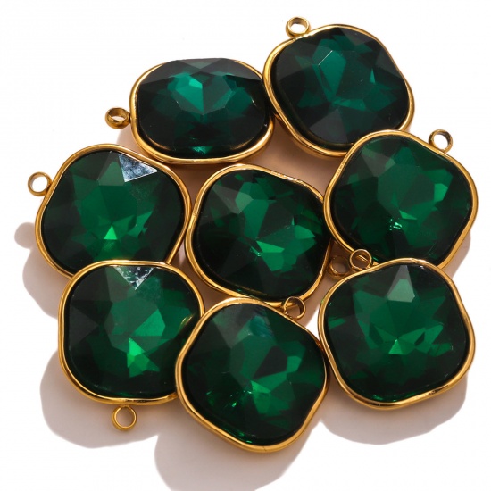 Picture of 304 Stainless Steel Charms 18K Gold Color Square Dark Green Rhinestone 14mm x 16mm, 2 PCs