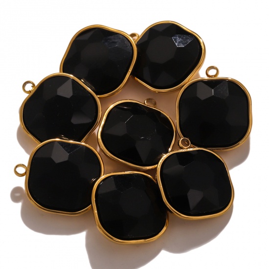 Picture of 304 Stainless Steel Charms 18K Gold Color Square Black Rhinestone 14mm x 16mm, 2 PCs