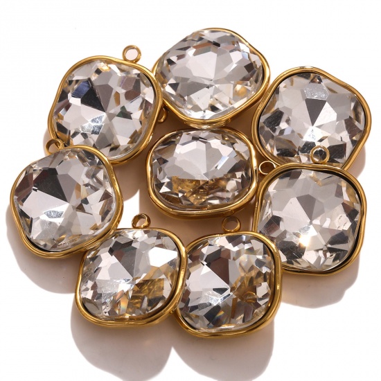 Picture of 304 Stainless Steel Charms 18K Gold Color Square Clear Rhinestone 14mm x 16mm, 2 PCs