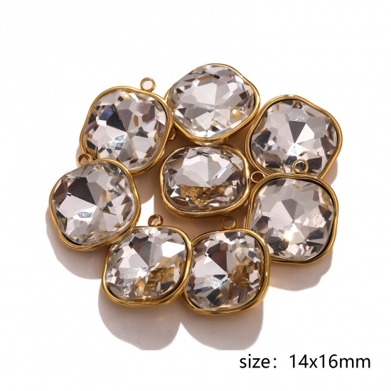 Bild von 304 Edelstahl Charms Quadrat 18K Gold plattiert Transparent Strass 14mm x 16mm, 2 Stück