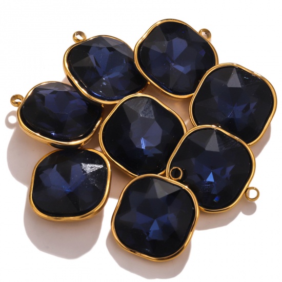 Picture of 304 Stainless Steel Charms 18K Gold Color Square Blue Rhinestone 14mm x 16mm, 2 PCs