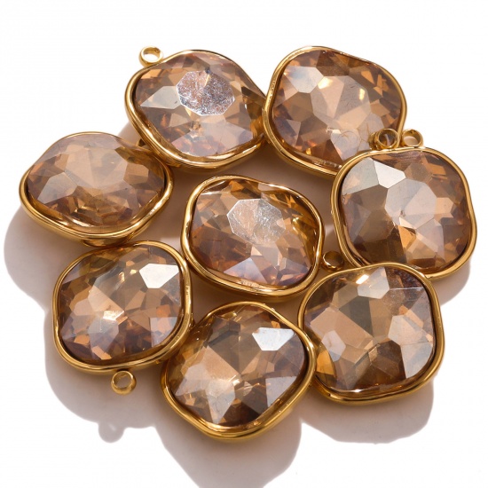 Picture of 304 Stainless Steel Charms 18K Gold Color Square Champagne Rhinestone 14mm x 16mm, 2 PCs