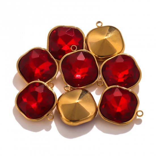 Picture of 304 Stainless Steel Charms 18K Gold Color Square Red Rhinestone 14mm x 16mm, 2 PCs
