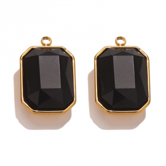 Picture of 304 Stainless Steel Charms 18K Gold Color Rectangle Black Rhinestone 12mm x 18mm, 2 PCs