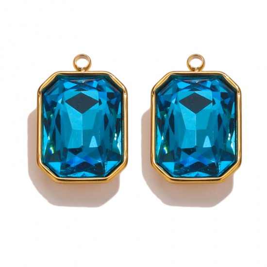 Picture of 304 Stainless Steel Charms 18K Gold Color Rectangle Peacock Blue Rhinestone 12mm x 18mm, 2 PCs