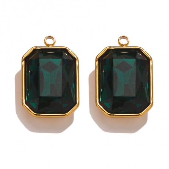 Picture of 304 Stainless Steel Charms 18K Gold Color Rectangle Dark Green Rhinestone 12mm x 18mm, 2 PCs