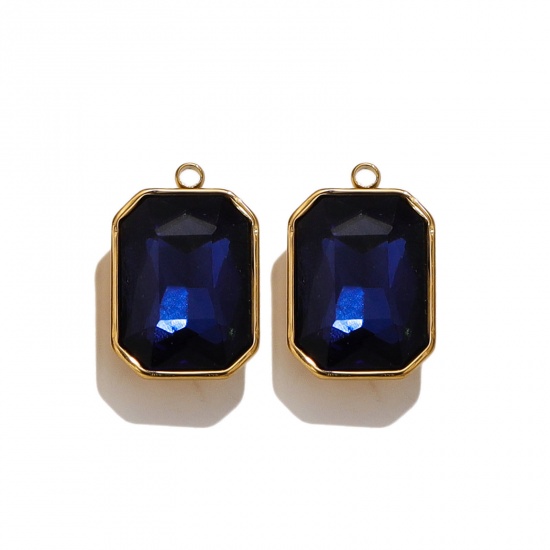 Picture of 304 Stainless Steel Charms 18K Gold Color Rectangle Blue Rhinestone 12mm x 18mm, 2 PCs