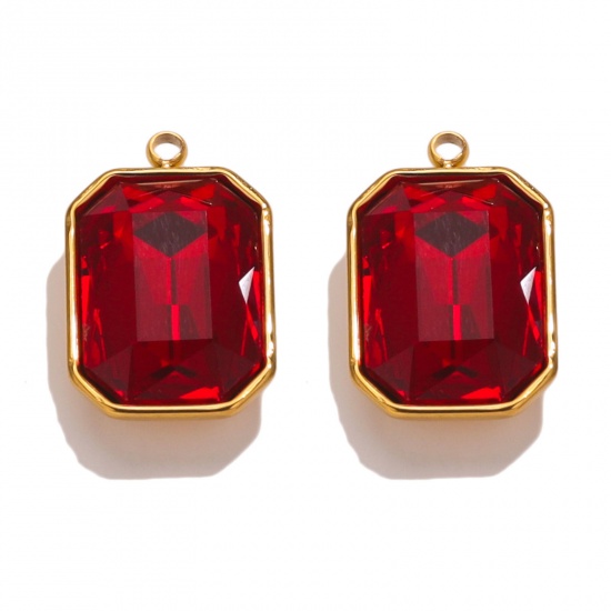 Picture of 304 Stainless Steel Charms 18K Gold Color Rectangle Red Rhinestone 12mm x 18mm, 2 PCs