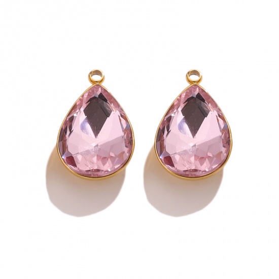 Picture of 304 Stainless Steel Charms 18K Gold Color Drop Pink Rhinestone 11mm x 18mm, 2 PCs