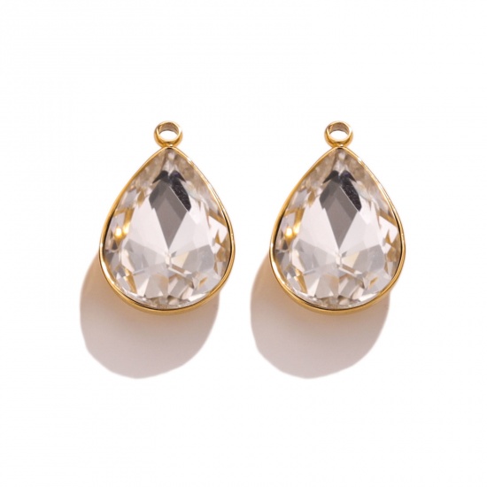 Picture of 304 Stainless Steel Charms 18K Gold Color Drop Clear Rhinestone 11mm x 18mm, 2 PCs