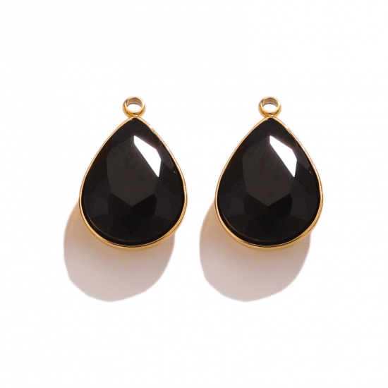 Picture of 304 Stainless Steel Charms 18K Gold Color Drop Black Rhinestone 11mm x 18mm, 2 PCs