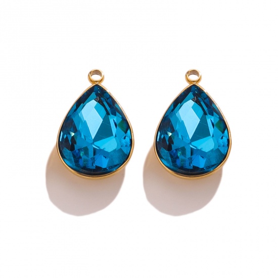 Picture of 304 Stainless Steel Charms 18K Gold Color Drop Peacock Blue Rhinestone 11mm x 18mm, 2 PCs