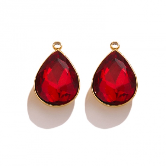 Picture of 304 Stainless Steel Charms 18K Gold Color Drop Red Rhinestone 11mm x 18mm, 2 PCs