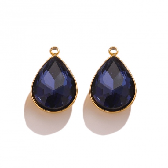 Picture of 304 Stainless Steel Charms 18K Gold Color Drop Blue Rhinestone 11mm x 18mm, 2 PCs
