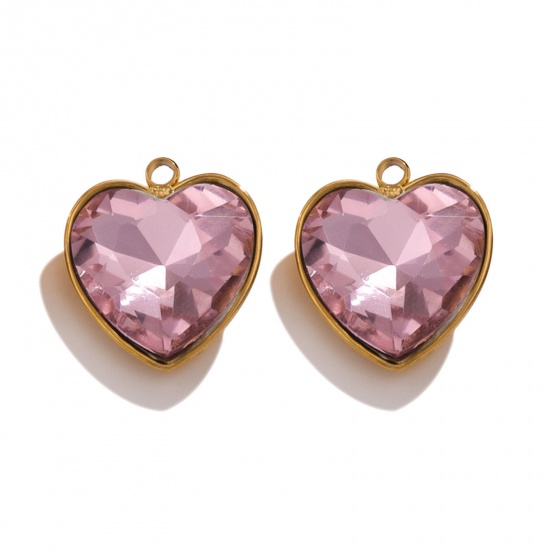 Picture of 304 Stainless Steel Charms 18K Gold Color Heart Pink Rhinestone 13mm x 15mm, 2 PCs