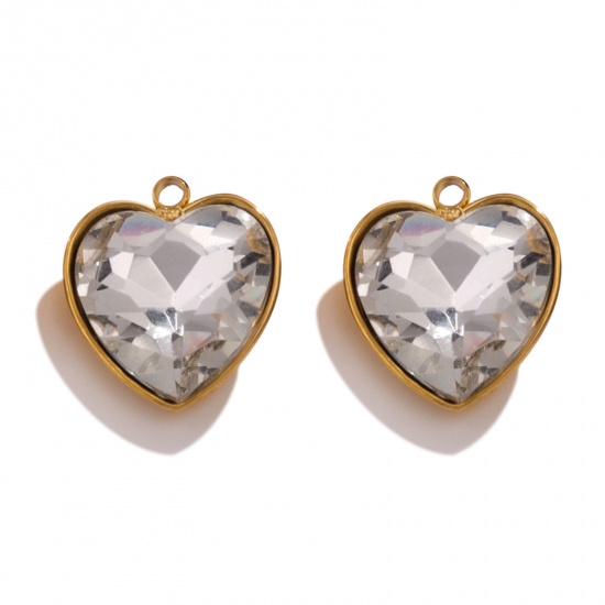 Picture of 304 Stainless Steel Charms 18K Gold Color Heart Clear Rhinestone 13mm x 15mm, 2 PCs