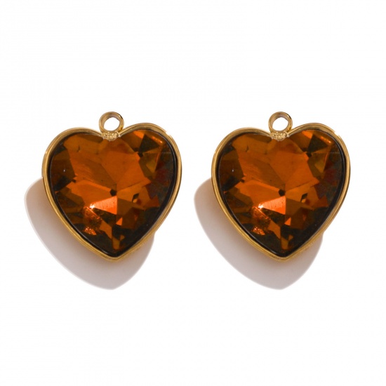 Picture of 304 Stainless Steel Charms 18K Gold Color Heart Brown Rhinestone 13mm x 15mm, 2 PCs
