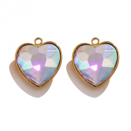 Picture of 304 Stainless Steel Charms 18K Gold Color Heart Multicolor Rhinestone 13mm x 15mm, 2 PCs