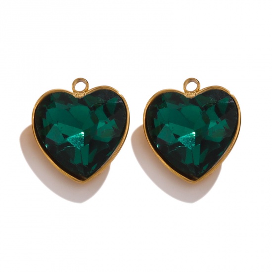 Picture of 304 Stainless Steel Charms 18K Gold Color Heart Dark Green Rhinestone 13mm x 15mm, 2 PCs
