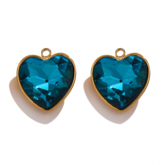 Picture of 304 Stainless Steel Charms 18K Gold Color Heart Peacock Blue Rhinestone 13mm x 15mm, 2 PCs
