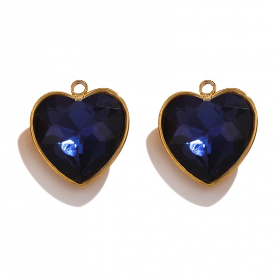 Picture of 304 Stainless Steel Charms 18K Gold Color Heart Blue Rhinestone 13mm x 15mm, 2 PCs