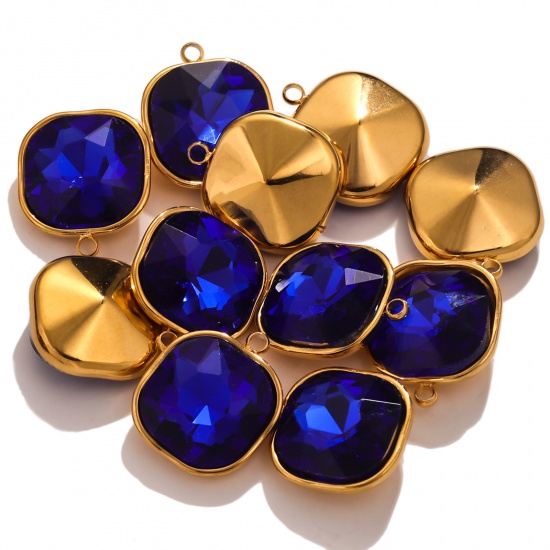 Picture of 304 Stainless Steel Charms 18K Gold Color Square Dark Blue Rhinestone 14mm x 16mm, 2 PCs
