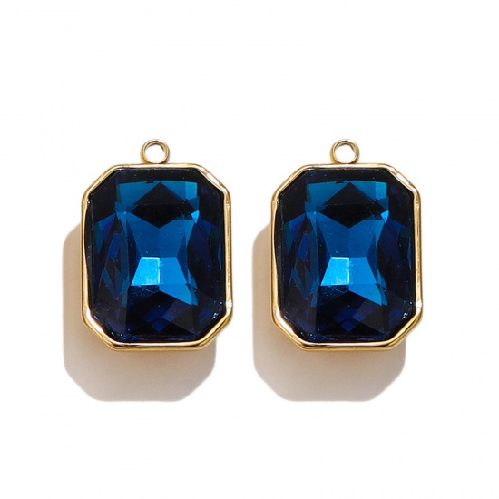 Picture of 304 Stainless Steel Charms 18K Gold Color Rectangle Royal Blue Rhinestone 12mm x 18mm, 2 PCs