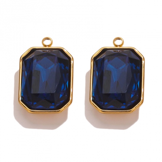 Picture of 304 Stainless Steel Charms 18K Gold Color Rectangle Ink Blue Rhinestone 12mm x 18mm, 2 PCs