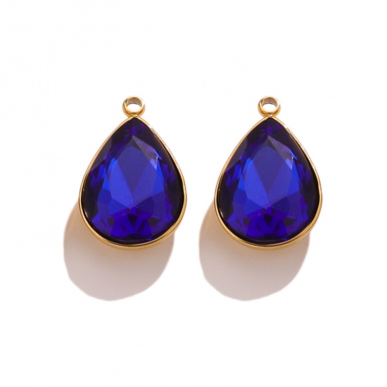 Picture of 304 Stainless Steel Charms 18K Gold Color Drop Dark Blue Rhinestone 11mm x 18mm, 2 PCs
