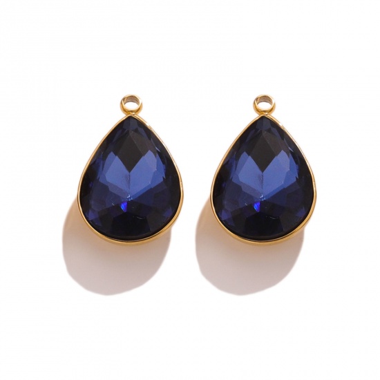 Picture of 304 Stainless Steel Charms 18K Gold Color Drop Ink Blue Rhinestone 11mm x 18mm, 2 PCs
