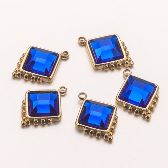 Picture of 304 Stainless Steel Charms 18K Gold Plated Rhombus Blue Rhinestone 13mm Dia., 2 PCs