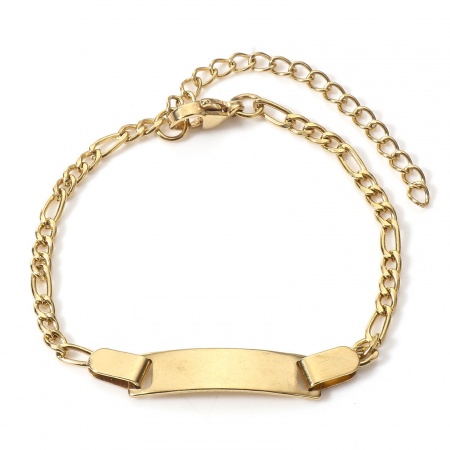 Picture of 1 Piece Vacuum Plating 304 Stainless Steel Blank Stamping Tags Bracelets 18K Gold Plated For Kids Children 15.5cm(6 1/8") long