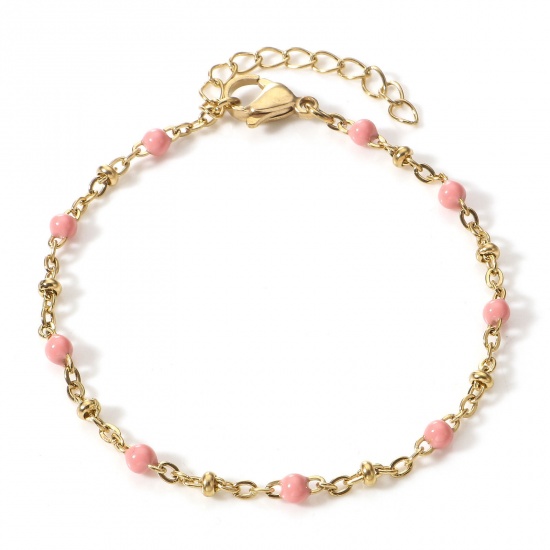 Picture of 1 Piece Vacuum Plating 304 Stainless Steel Handmade Link Chain Bracelets 18K Gold Plated Light Pink Enamel 17cm(6 6/8") long