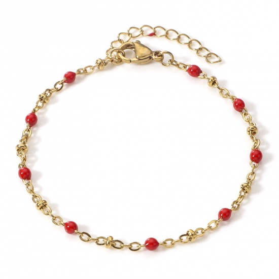 Picture of 1 Piece Vacuum Plating 304 Stainless Steel Handmade Link Chain Bracelets 18K Gold Plated Red Enamel 17cm(6 6/8") long