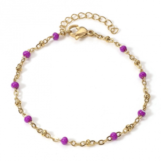 Picture of 1 Piece Vacuum Plating 304 Stainless Steel Handmade Link Chain Bracelets 18K Gold Plated Purple Enamel 17cm(6 6/8") long